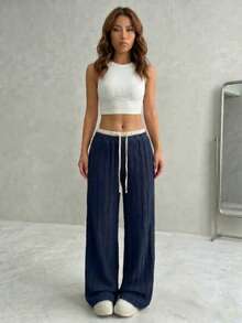 High Waist Contrast Color-Block Wide Leg Pants - Textured Drawstring Casual Trousers - Navy Blue - View 2