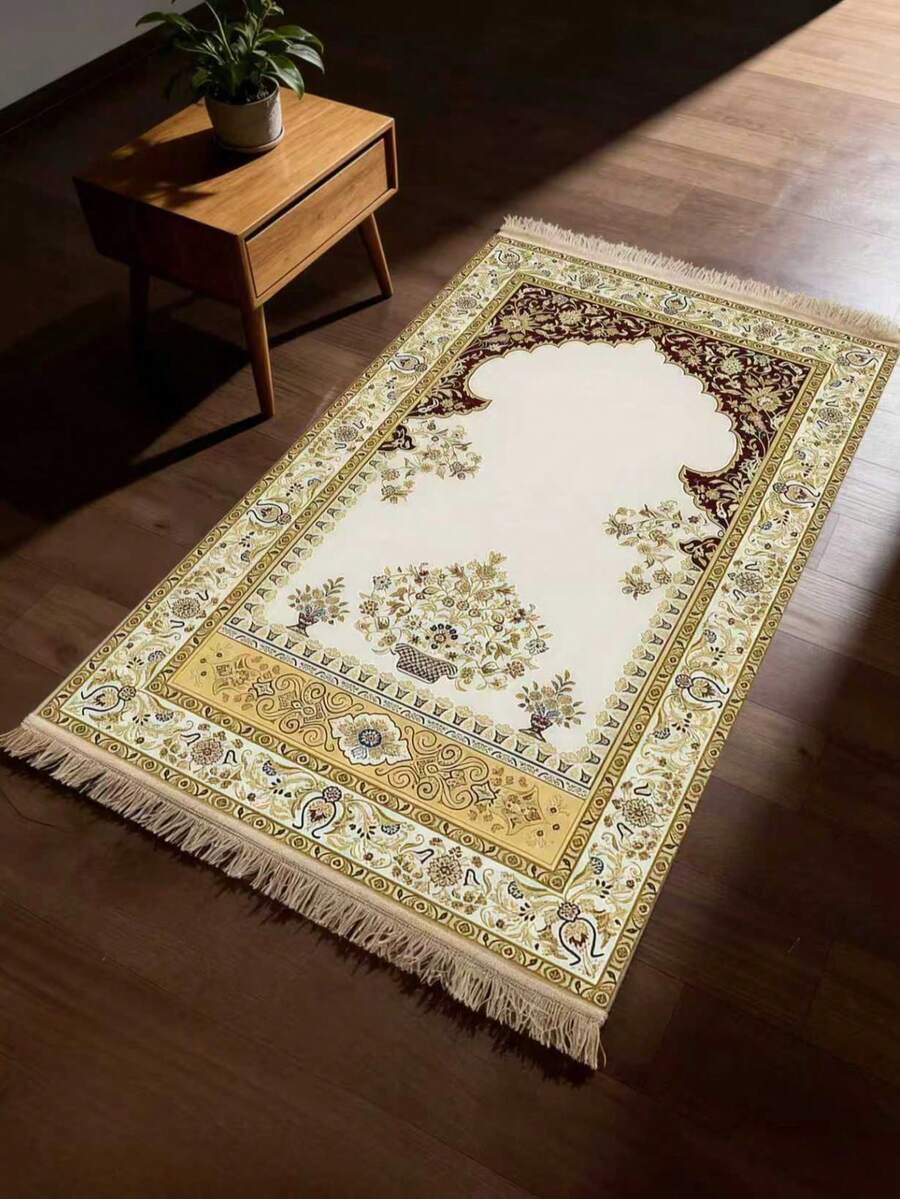 1pc Beige & Brown Patterned Blanket, Bohemian Style Throw Blanket, Tasseled Decorative Mat - Multicolor - View 1