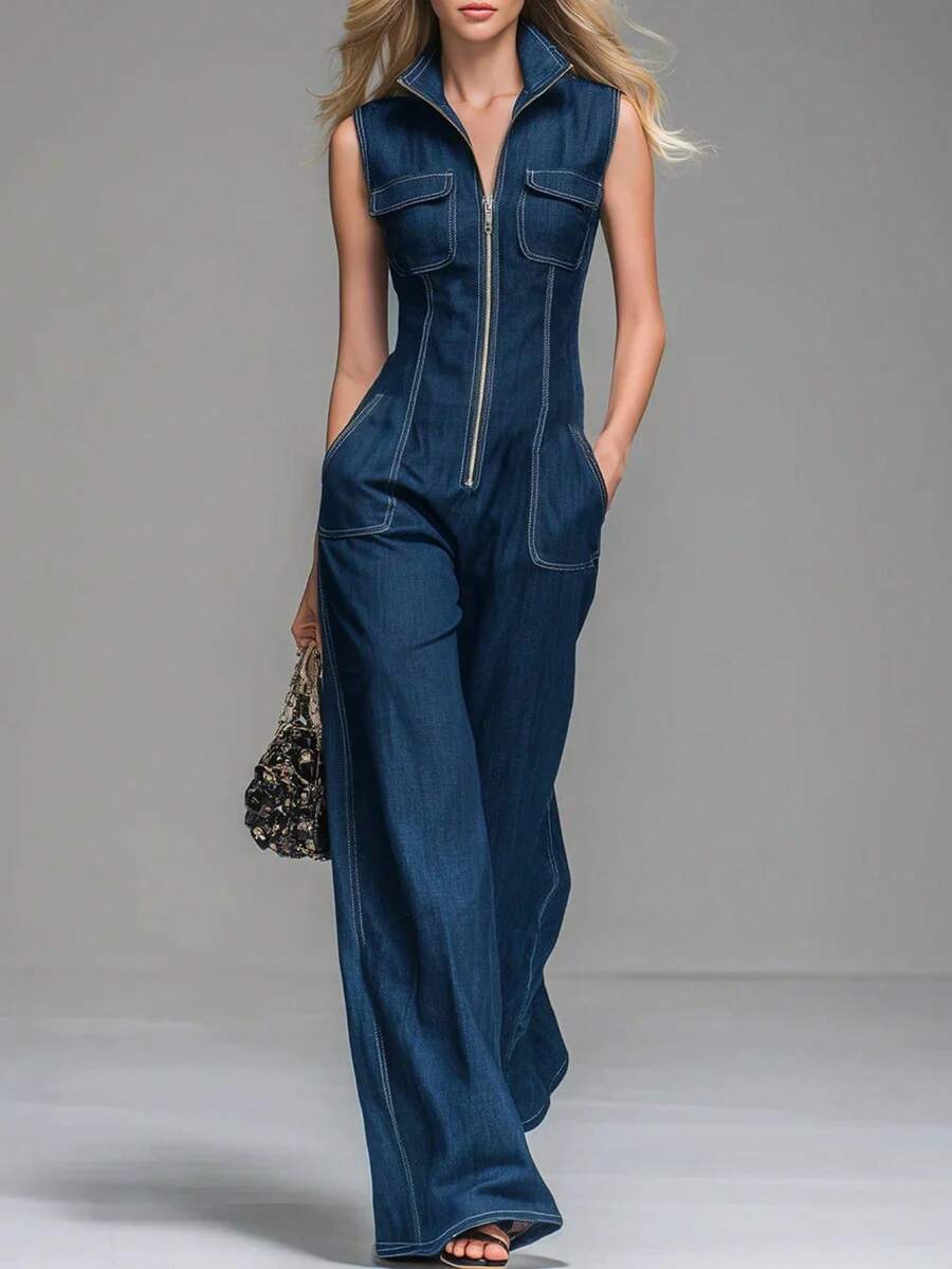 Deep Blue Sleeveless Stand Up Collar Zipper Large Pocket Wide Leg Denim Jumpsuit For Women | Sleek Retro Style, Suitable For Workplace Commuting, Daily Street Going, And Light Mature Style, Spring And Summer - 深藍色 - 查看 1