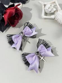 2pcs Gothic Style Dark-Colored Crystal Cross & Bow Hair Clips, Suitable For Holiday Outfits And Daily Wear For Gothic Fashion Enthusiasts,Summer,Travel,Festival,Party - Black Purple - View 2