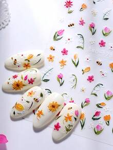 SWEET TREND 5D彩色花朵线条美甲贴纸2片装，金色条纹线条油画风格，雏菊、郁金香、向日葵、蜜蜂、绿叶、藤蔓，法式美甲设计，DIY复古春夏花卉图案，自粘沙龙贴纸，美甲装饰 - 彩色 - 查看 9
