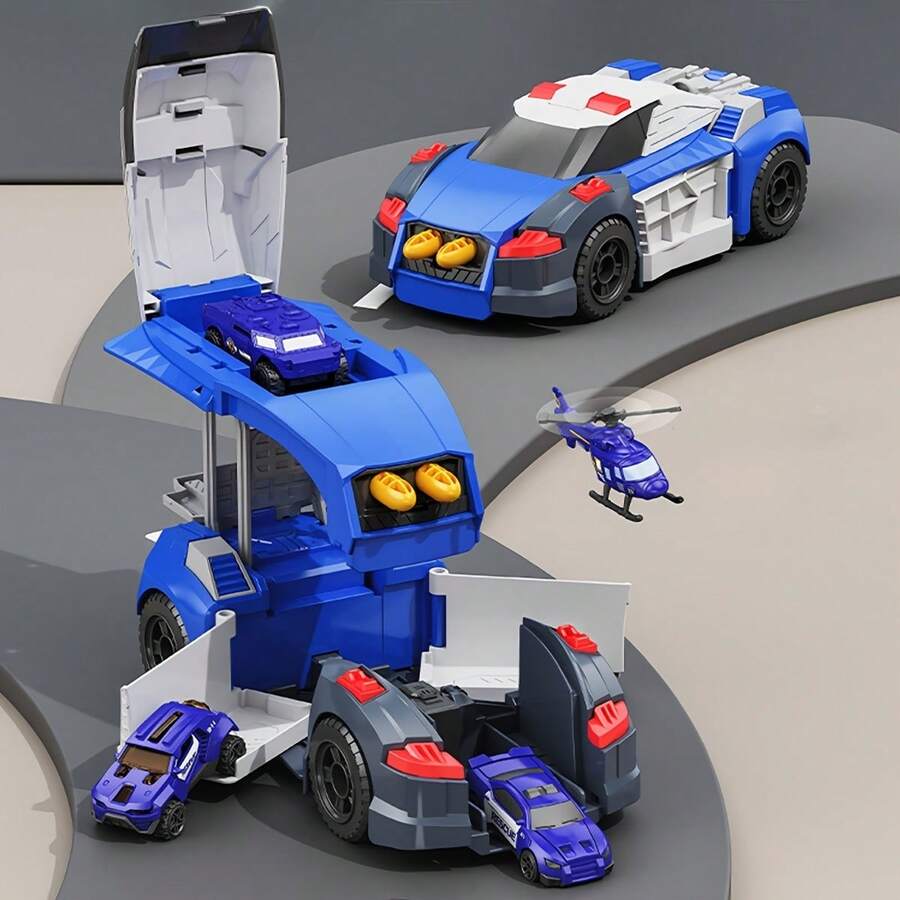 5-In-1 Transforming Car Toy Set - DIY Assembly Car Playset With Helicopter And Mini Cars, Large Transport Truck Converts To Station, Construction Toy For Kids 3+ Years