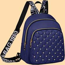 Back To School Season Rhombus Pattern Embroidered Rivet Backpack - New Women's Fashion Travel Bag - Casual Large Capacity Women's Backpack [Random Back Zipper Direction] - Blue - View 9