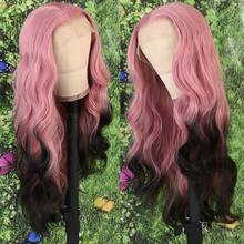 13x4 Free Part HD Lace Front Wig Ombre Purple Color Long Body Wave Synthetic Hair 180% Density Pre-Plucked Glueless Purple Ombre Colored Long Wavy Hair 26 Inch Free Part Soft Natural Look For Women Versatile Styling Options - Pink to Black - 查看 3