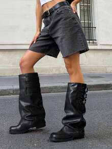 Fold-Over Knee High Boots Comfort Low Heel Wide Calf Slouchy Motorcycle Boot Buckle Long Tall Boots Fashion Women Shoes - màu đen - Xem 7