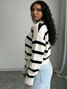 el mejor regalo para el Día de la Madre:ropa de otoño para mujer, suéter de punto de manga larga con cuello de solapa, contraste de color a rayas, casual, vuelta al colegio en blanco - Blanco - Ver 2