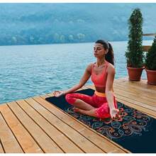 nuveti Alfombrilla de yoga de viaje impresa de 1/16 pulgadas de grosor antideslizante con bolsa de transporte plegable ligera de gamuza y goma natural para yoga pilates y fitness 72 pulgadas de largo x 24 pulgadas de ancho x 1.5 mm - Azul / Patchwork - Ver 5