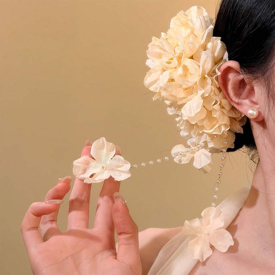 女士优雅甜美清新度假风珍珠流苏白花发夹，适合日常佩戴，居家、学校、海滩、办公室、派对、节日、生日、返校、新年、情人节、母亲节、圣诞节、婚礼、音乐节、毕业典礼、春夏等场合，爪夹式发夹 - 白色 - 查看 1