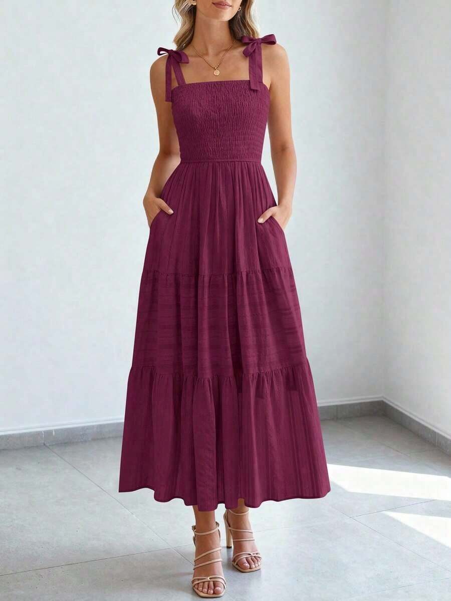 Women's Boho A-Line Maxi Dress, Summer Sleeveless Tie Shoulder Smocked High Waist Long Sundress With Pockets, Casual Dress For Beach Vacation & Holiday Outings - 勃根地 - 查看 1