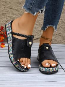 2026夏季新款时尚厚底露趾沙滩拖鞋，性感度假休闲女士凉鞋 - 黑色 - 查看 3