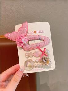 3件套女孩可爱树脂闪光海星、美人鱼、珍珠发夹、果冻贝壳发饰套装 - 彩色 - 查看 9