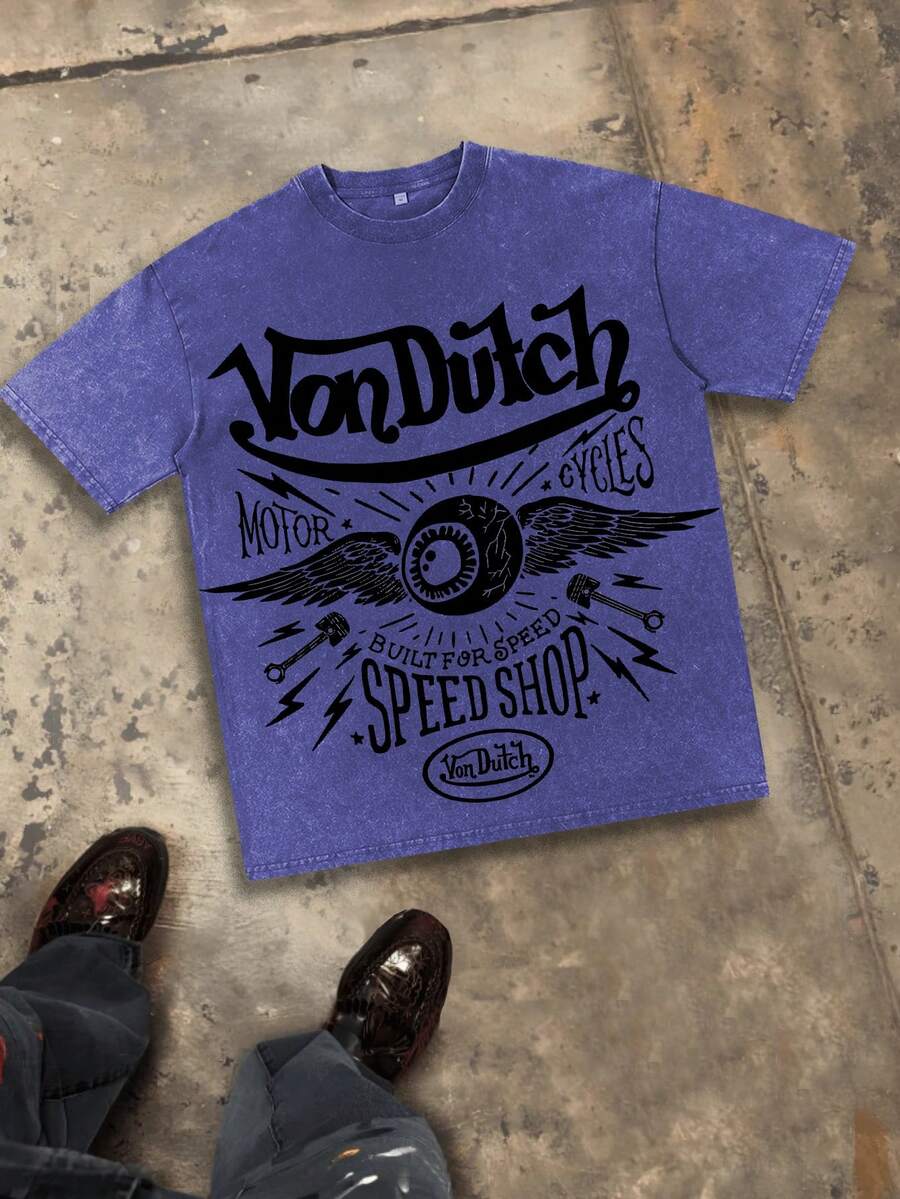 Classic Flying Eye Wings Graphic Men's 230g Combed Washed Cotton T-Shirt, Street  Short-Sleeve Top, American Dark Hardcore Style Apparel, Spring Summer Crew Neck Top, Suitable For Summer Daily Casual Wear - 寶藍色 - 查看 1