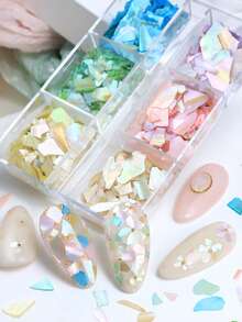 6pcs Shimmering Natural Seashell Slice Asymmetrical Colorful Nail Art Decorations, Perfect For Summer - Multicolor - View 5