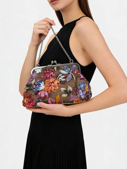 花柄刺繍 ストロークラッチバッグ、メタルチェーン付き イブニング&ビーチバッグ