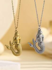 1pc Fashionable European And American Minimalist Retro Mermaid Stainless Steel Pendant Necklace, Personalized Creative Choker Necklace, Suitable For Women's Daily Wear And Gift - Multicolor - View 5