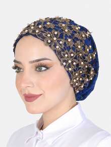 1pc Women's Muslim Shiny Beaded Headscarf Cap, Suitable For Daily Use - Multicolor - View 8