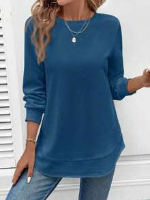 Spring Collection Women's Checked Knitted Rounded-Edge Lightweight Long-Sleeved Top, Round-Neck Relaxed Style Casual Shirt, Casual Sporty Style Daily Commuting Casual Wear, Street Fashion Light Sportswear, Multi-Color Knitted Pullover Available For Spring And Summer Seasons - 藍色 - 查看 4