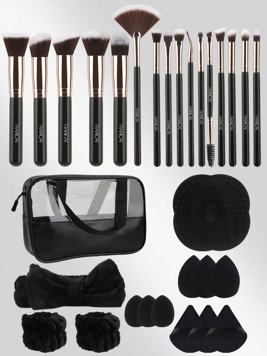 30件套化妆刷组合套装包含化妆海绵、散粉、眼影刷、眉刷、粉底刷、腮红刷、遮瑕刷、高光刷，采用超柔软优质合成毛，适合日常面部化妆，另附化妆刷清洁工具和多功能拉链防水化妆包。 - 彩色 - 查看 1