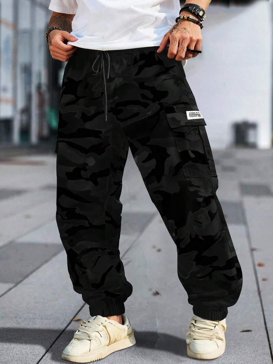 Hidkat Men's Camouflage Outdoor Work Pants With A Drawstring Waistband And Side Pockets; Comfortable And Breathable, Perfect For Outdoor Activities And Everyday Wear - 黑色 - 查看 1