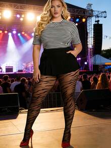 女士黑色斑马纹紧身裤 - 大胆的动物图案，弹力十足，性感吸睛的打底裤，适合夜间外出、约会之夜和日常前卫造型 - 黑色 - 查看 6