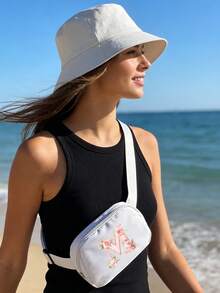 Women's Fashionable Outdoor Waist Pack, White Sun Hat Features A Unique Pink Rose Design And Lettering. Running Waist Bag, Women's Crossbody Chest Bag With Adjustable Shoulder Strap, Suitable For Daily Use, Outdoors,Travel Essential - Multicolor - View 7