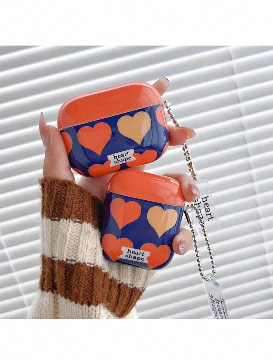 Heart-Shaped Bluetooth Earphone Case, Orange Earphone Box With Keychain, Suitable For Apple 1, 2, 3 Pro Protective Cover - Multicolor - View 1