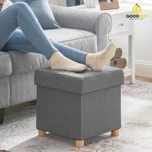 Puff Baúl de Almacenaje 38 cm Taburete Reposapiés Multifuncional Banco Plegable con Gran Capacidad Diseño Elegante en Tela Resistente Color Gris Oscuro Ideal para Sala Dormitorio y Oficina - Gris Oscuro - Ver 2