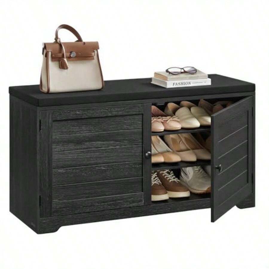 VASAGLE Banco Zapatero de 3 Niveles con Estantes Ajustables Puertas y Cojín 35 5 x 101 x 52 5 cm Negro Tinta y Gris Cemento MLSB044B01 - Negro Tinta  Gris Cemento - Ver 1