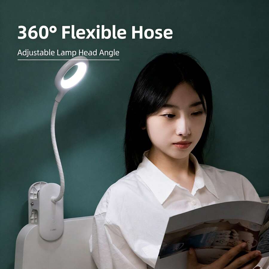DELI LED Clip-On Desk Lamp, LED Eye-Friendly Desk Lamp, 360° Flexible Hoses, 2000mAh High-Capacity Lithium Battery, Four-Level Brightness Adjustment, Switchable White Light/Natural Light/Warm Light Modes, Small Night Light, Protects Eyes. Ideal For Reading And Studying At Home Or In The Office. - White - View 1