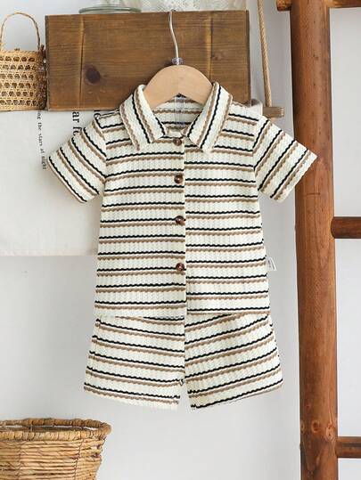 儿童男童条纹针织短袖短裤套装，针织面料，黑米色横条纹，夏季