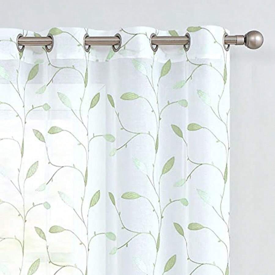 Lazzzy Waffle - Juego de cortinas con textura para ventana de cocina/baño con varilla Ostra 63" Curtains - Ojal verde sobre blanco - Ver 1