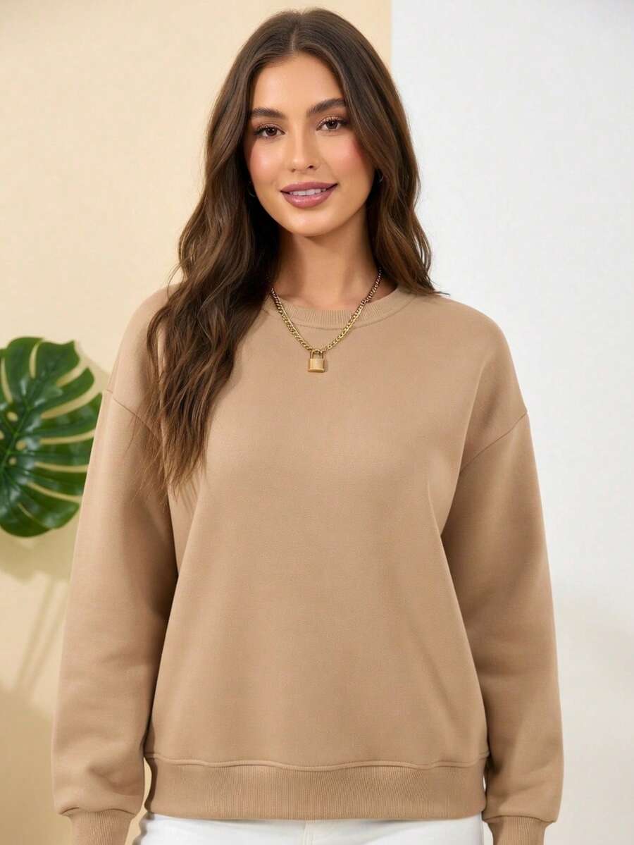Plain Crew Neck Sweatshirt With No Print, Stylish Tumblr Style For Cold Winters - Beige - View 1