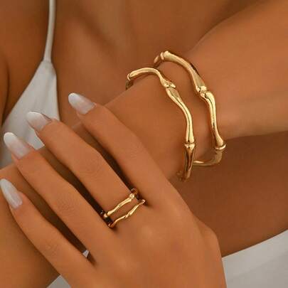 2pcs Vintage Bamboo Knot Design Bracelet And Ring Set, Fashionable Accessory Suitable For Women's Daily And Party Wear