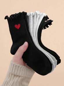 3/8双装 女士蕾丝边心形短袜，春秋季ins风可爱日系踝袜，黑白学生袜 - 彩色 - 查看 6