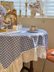 1 pieza Mantel con volantes estilo clásico americano, con parches de encaje y cuadros azules al estilo coreano dulce, adecuado para el Día de San Valentín, bodas y decoración del hogar - Multicolor - Ver 6