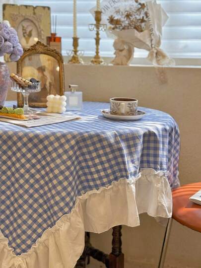 قطعة واحدة من المفرش الكلاسيكي الأمريكي المكسر بالدانتيل والكشكشة بطراز كوري حلو بنمط المربعات الزرقاء، مناسب لعيد الحب والزفاف وديكور المنزل