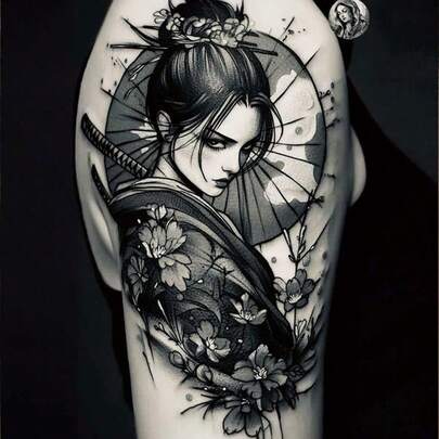 (Geisha Sleeve) Temporary Tattoo Stickers, Realistic & Long-Lasting Temporary Tattoos, Waterproof & Scratch-Resistant, Lasts 7-15 Days
