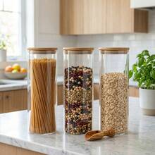 3PCS Large Glass Storage Jars – Airtight Pantry Containers For Spaghetti, Pasta, Cereal, Flour & Rice, Clear Kitchen Countertop Canisters - 透明-1900ml*3 - 查看 5