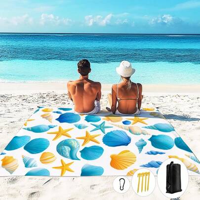 1件185*235厘米海星贝壳图案防水防沙沙滩毯，适合2-3人户外休闲海滩、露营、野餐，轻便耐用