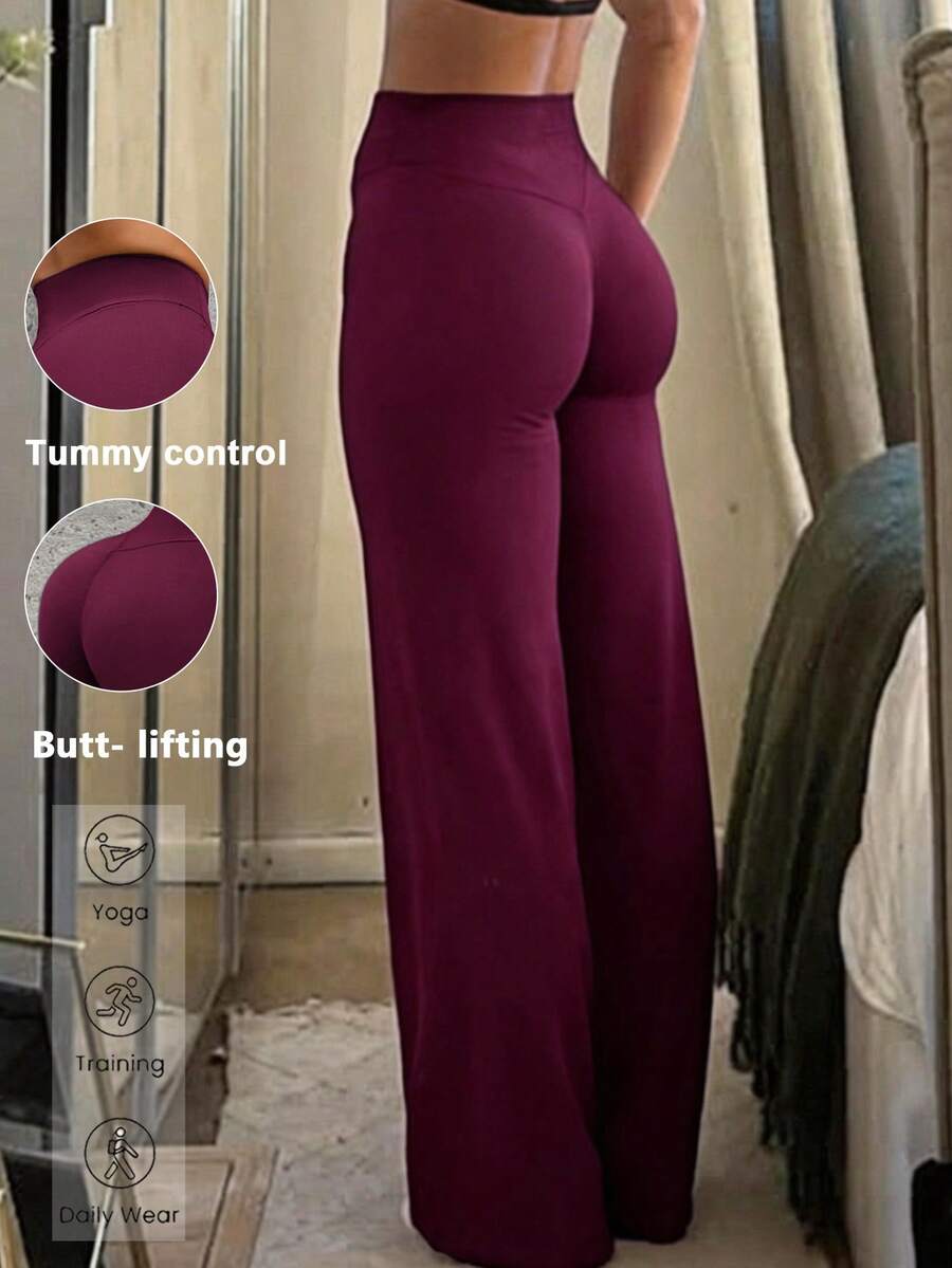 Aoqta Sports Women's Summer Casual Solid Color Pants, High Waist Slimming Loose Wide Leg Sweatpants For Yoga Running Workout Fitness Daily Wear - Burgundy - View 1