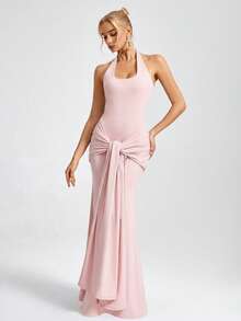 Elegant Sexy Halter Neck Fitted Waist Ruched Party Dress, Ball Gown For Women, High Elastic Fabric For Sexy Slim Fit Silhouette Pink Wedding - Pink - View 6