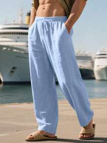 Men's Breathable Linen Loose Casual Sports Pants, Suitable Beach, Spring/Summer - 淺藍色 - 查看 3