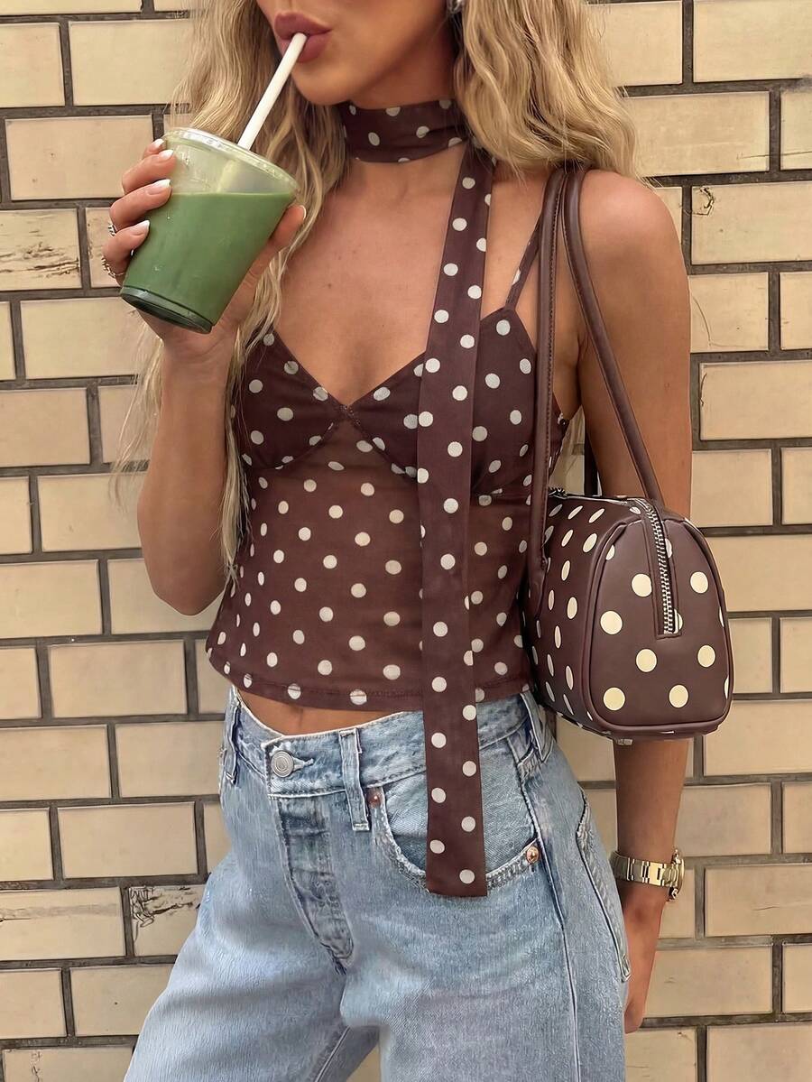 女士深V领波点半透明吊带背心，荷叶边领口设计，短款针织吊带上衣，适合夏季穿着 - 棕色 - 查看 1