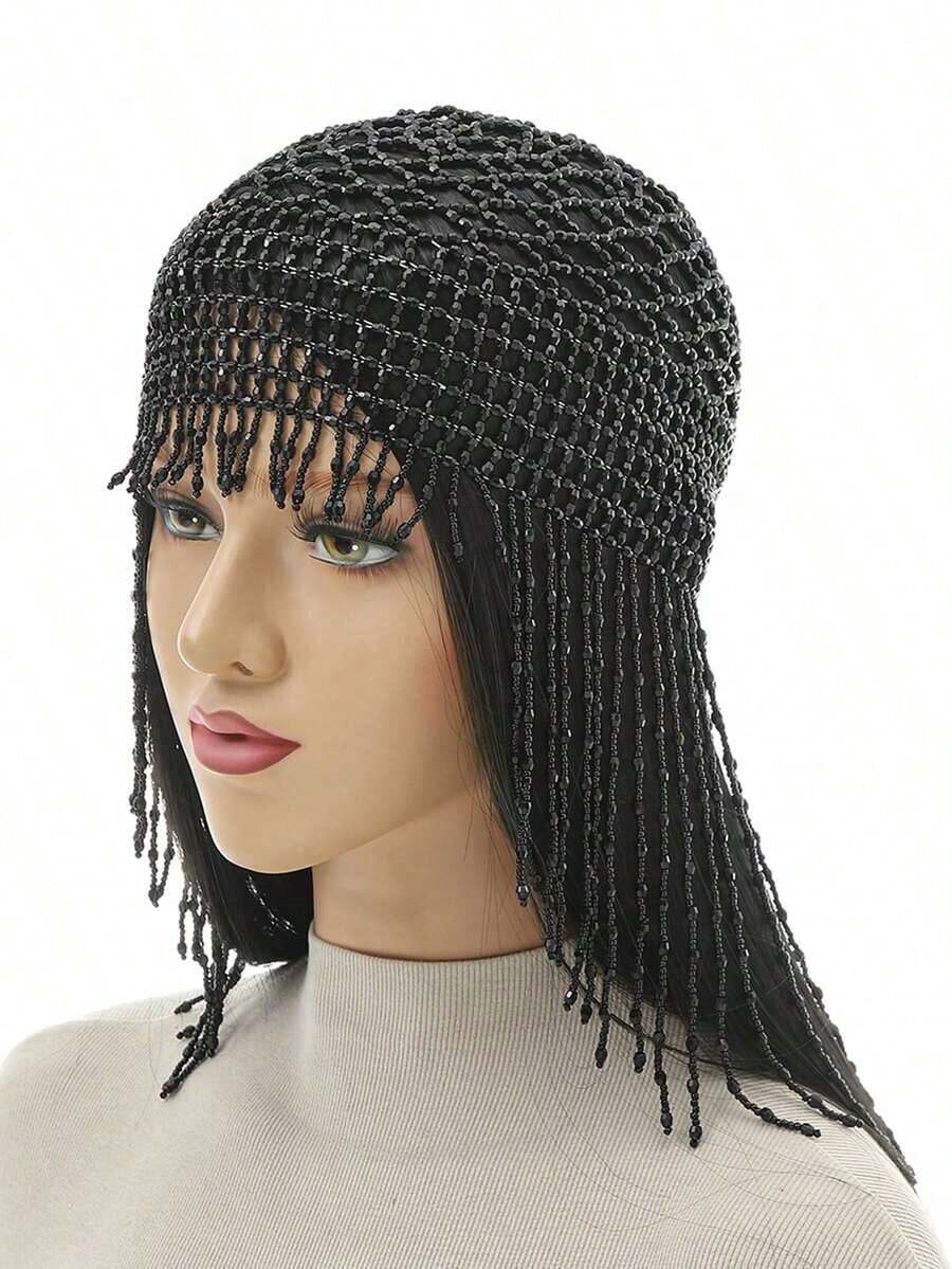 1pc Handmade Crochet Hollow Decorative Hat With Colorful Beads - Silver - View 1