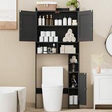 Over The Toilet Storage Cabinet with 2 Barn Door and Toilet Paper Holder Stand FreeStanding Toilet Shelf Space Saver for Bathroom Restroom Laundry Black - Negro - Ver 4