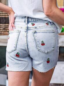 New Women's Denim Shorts, Cherry Embroidery Design, Ripped Casual Sexy Jeans Summer - Light Blue - View 2