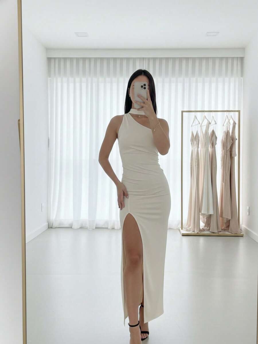 Elegant Party Long Slit Dress | Premium Suplex | Graduation, Wedding, Guest, Prom, Backless - 白色 - 查看 1