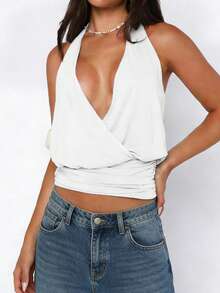 Womens Halter Tank Tops Summer Cross Wrap Front Solid Color Deep V Neck Backless Going Out Crop Vest Beach - White - View 3