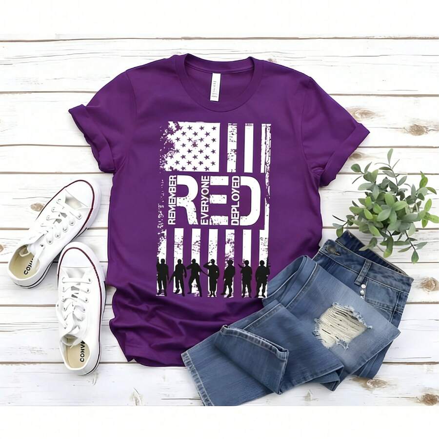 Women's "RED Remember Everyone Deployed" Patriotic Military Support Graphic Crew Neck T-Shirt, Casual Short Sleeve Tee - 紫色 - 查看 1