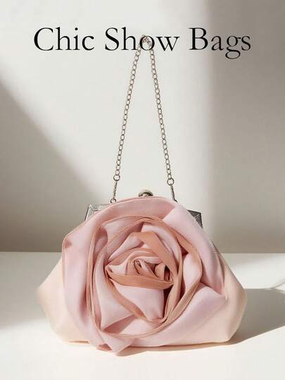 Túi xách nữ thời trang 3D hình hoa hồng, túi dự tiệc màu hồng satin với dây đeo dạng xích, thích hợp cho các buổi tiệc và liên hoan.